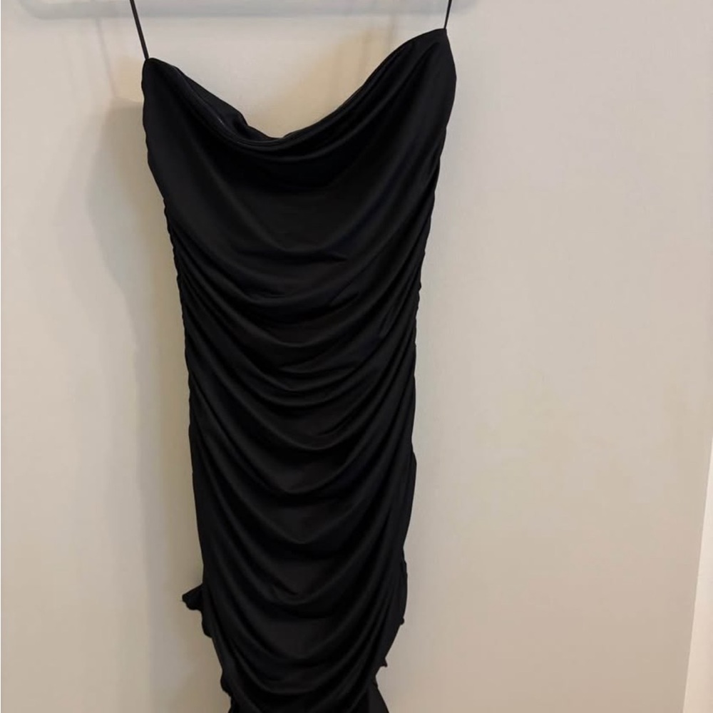 Elegant Black Ruched Slip Dress with Cowl Neck